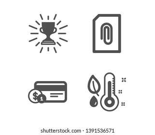 Set of Trophy, Attachment and Payment method icons. Thermometer sign. Winner cup, Attach document, Cash or non-cash payment. Grow plant.  Classic design trophy icon. Flat design. Vector