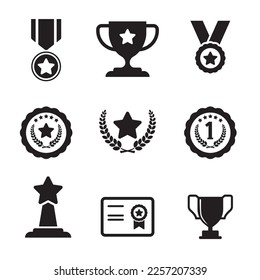 Set of trophy and award icons with black design isolated on white background