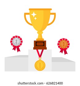 Set of trophy award icons isolated on white background. Golden, Silver and bronze cup, awards and medals. Vector illustration
