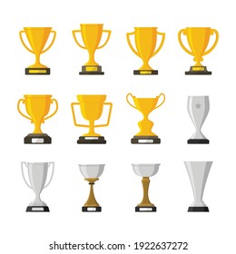 Set Of Trophy Award Winner Prize Champion Cup Isolated Vector Illustration