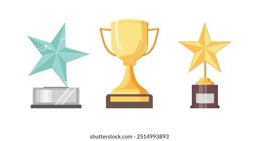 Conjunto de Premios Trofeo. Estrella de cristal, estrella de oro y Copa Trofeo aislado en blanco. Ilustración vectorial plana de trofeo ganador del campeonato. 