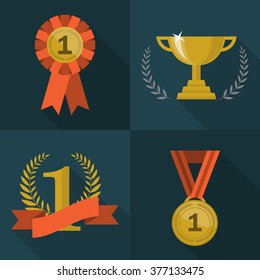 Set of trophy and awards icons. Flat style design