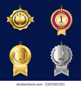 Set Of Trophy Or Awards And Medal For Winners Isolated Illustration Collection. Collection Of Golden, Silver And Black Color. Metal Symbols Icon Of Success, Championship And Trophy Clip Art Design.