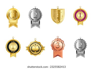 Set Of Trophy Or Awards And Medal For Winners Isolated Illustration Collection. Collection Of Golden, Silver, And Black Colors. Metal Symbols Icon Of Success, Championship, And Trophy Clip Art Design.