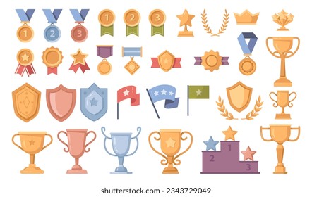 Set of trophy or awards for winners isolated. Golden, silver and bronze medals, cups and badges vector flat cartoon illustration. Championship and triumph symbols of success