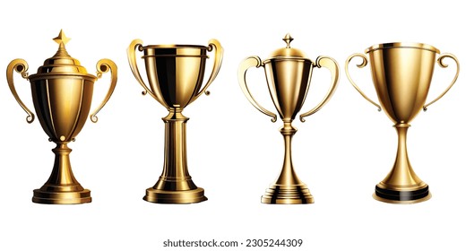 Set of Trophy Cup and Champion Trophy, Shiny Golden Cup Winner Prize Vector Illustration - Sports Competition, Achievement, Success, Symbol of Excellence and Triumph