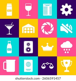 Set Trophy cup, Cloud with rain, Speaker mute, Paper or financial check, Warehouse and Martini glass icon. Vector