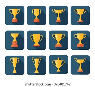 Set of trophy cup. Collection of gold awards for winner, champion. Set of championship prize for first place. Flat vector elements for games, website or an app.  Victory symbols.