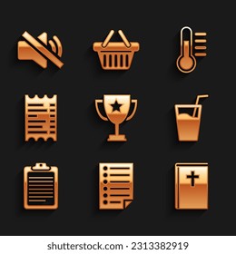 Set Trophy cup, Document, Holy bible book, Glass with water, Clipboard document and Paper or financial check icon. Vector