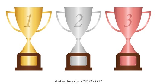 Juego de Trofeo Golden, Silver y Bronze. Premio a la Copa de Campeón de fondo blanco. Ilustración de vectores conceptuales campeones y ganadores.