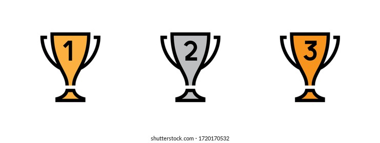 Set Trophy Cup icons. Editable Vector Stroke. Prizes for champions. First, second, third place. Gold, silver and bronze cups.