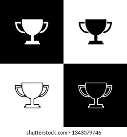 Set Trophy cup icons isolated on black and white background. Award symbol. Champion cup icon. Line, outline and linear icon. Vector Illustration