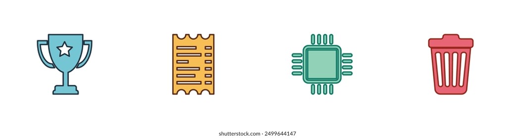 Set Trophy cup, Paper or financial check, Processor with CPU and Trash can icon. Vector