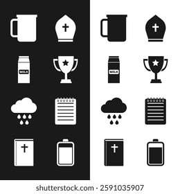 Set Trophy cup, Paper package for milk, Coffee, Pope hat, Cloud with rain and Notebook icon. Vector