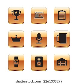 Set Trophy cup, Smart watch heart beat rate, Stereo speaker, Microphone, Crown and Clipboard with document icon. Vector