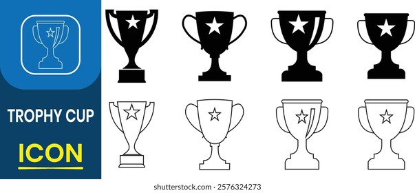 Set of Trophy cup vector icon. First prize cup, achievement, victory, Championship or competition trophy, Winner prize, business concept. Sport competition silhouette symbol. Vector illustration.