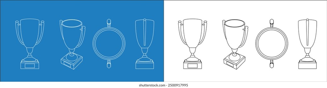 Set trophy cup winner concept design. Blueprint line draw wireframe low poly mesh illustration
