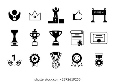 Juego de copas de trofeo, medallas de oro, insignias de premio y diplomas en 