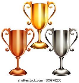 Set of trophy in golden silver and bronze colors
