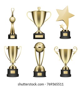 Set of trophy with golden stars, human figure with laurel wreath in hands statuettes and goblets on stand with nameplate realistic isolated vector. Sports prize or business award illustration