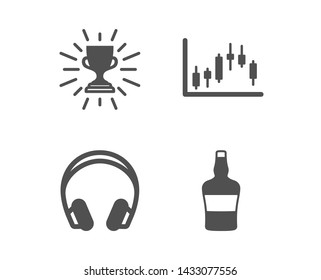 Set of Trophy, Headphones and Candlestick graph icons. Scotch bottle sign. Winner cup, Music listening device, Finance chart. Brandy alcohol.  Classic design trophy icon. Flat design. Vector