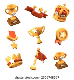 Set of trophy icons in 3D cartoon style. Templates for victory concepts
