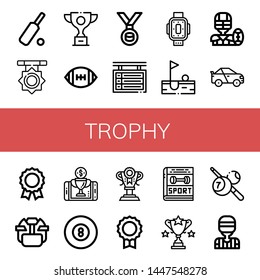 Set of trophy icons such as Cricket, Medal, Trophy, American football, Scoreboard, Kneepad, Golf, Racing car, Hockey helmet, Reward, Billiard, Sport, Referee , trophy