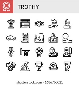 Set of trophy icons. Such as Medal, Trophy, Scoreboard, Premium, Hunter, Racing car, Ranking, Racing, Reward, Golf ball, Hoop, Badge, American football, Cricket , trophy icons