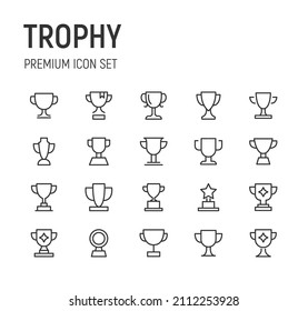 Conjunto de iconos de línea de trofeo. Paquete de carteles de moda. Pixel perfecto objetos para interfaz de usuario, aplicaciones y web.