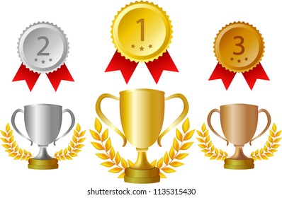 Set of trophy, medals and award. Vector illustration.