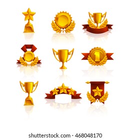 Set of trophy, medals and award. Vector illustration.