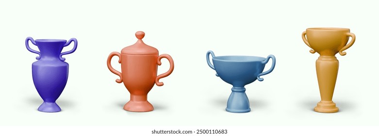 Set of trophy metal cups of different colors. Vector templates for web design with options