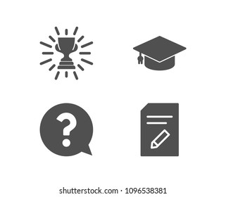 Set of Trophy, Question mark and Graduation cap icons. Edit document sign. Winner cup, Help support, University. Page with pencil.  Quality design elements. Classic style. Vector