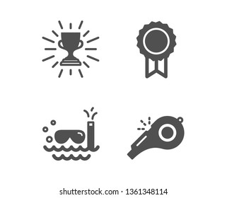 Set of Trophy, Reward and Scuba diving icons. Whistle sign. Winner cup, Best medal, Trip swimming. Kick-off.  Classic design trophy icon. Flat design. Vector