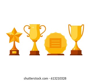 Set trophy winner award collection isolated on white background. Golden cups and awards in flat style. Prizes and rewards made of gold vector illustration.