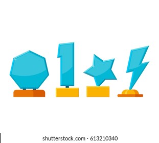 Set trophy winner award collection isolated on white background. Glass awards in flat style. Prizes and rewards made of glass and gold vector illustration.