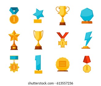 Set trophy winner award collection isolated on white background. Hanging medals, glass awards, gold cups in flat style. Prizes and rewards made of glass and gold vector illustration.