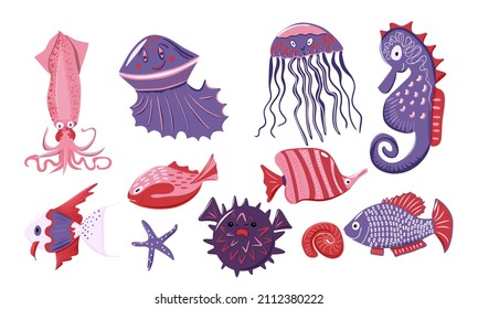 Set of tropic doodle fish, jellyfish, seahorse, seashell, sea star, squid. Hand drawn underwater aquatic creature. Education card for kids learning animals. Vector design in cartoon style 