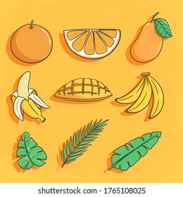 set of tropic product like orange, banana, and coconut leaf