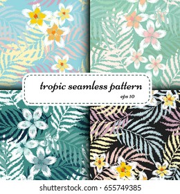 Set tropic seamless patterns. With palm foliage and flowers in embroidery style. Vector illustration.