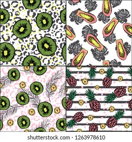 Set of tropic summer patterns with hand drawn fruits, lines and leopard print elements