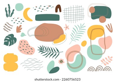 Conjunto de formas y círculos tropicales abstractos. Dibujar a mano varias formas, hojas, puntos, gotas, puntos. Colección de fondo de la jungla. Ilustración vectorial. Plantas, jarrón, marcos decorativos.