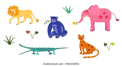 Set of tropical African animals. Colorful animals in the jungle. Illustration for children. Clipart, vector. A lion roars, an angry gorilla, a long-faced crocodile, a leopard smiles, a pink elephant.