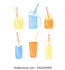 set of tropical alcoholic and fruit cocktails in a cute cartoon style. beach party. Vector illustration isolated on white background.