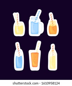 set of tropical alcoholic and fruit cocktails in a cute cartoon style. beach party. Vector illustration isolated on white background.