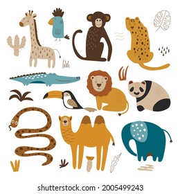 Set with tropical animals, birds and plants. Vector illustration on white background.