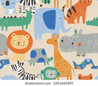 con animales tropicales. Fondo del efecto de dibujo de lápiz de vivero creativo. Perfecto para el diseño de niños, tejidos, envolturas, papel pintado, textiles, prendas de vestir