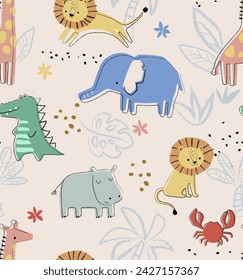 ambientado con animales tropicales. Fondo creativo del efecto del dibujo del lápiz del vivero. Perfecto para niños diseño, tela, envoltura, papel pintado, textil, ropa