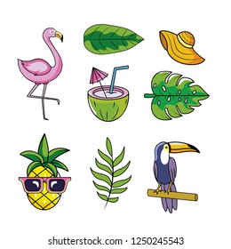 set tropical animals with fruits and leaves plants