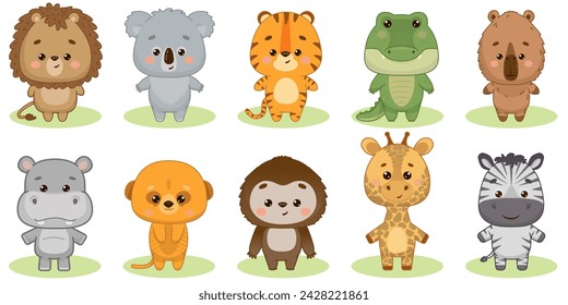 Set of tropical animals. Hippopotamus, lion, meerkat, capybara, giraffe, crocodile, zebra, sloth, tiger, koala. Vector illustration of drawings prints patterns Isolated on white background